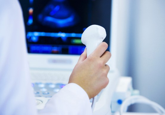 Sonographie auf fränkisch Arzt hält Ultraschallkopf in der Hand