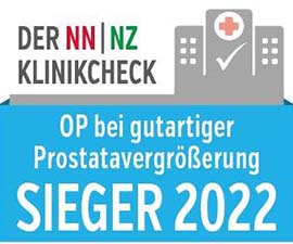 Logo vom NN NZ Klinikcheck mit Schriftzug OP bei gutartiger Prostatavergrößerung Sieger 2022